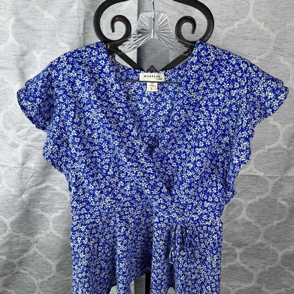 Monteau Los Angeles Blue Floral Surplice Peplum Top – Size L - Picture 2 of 8